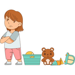 Young Child With Crossed Arms and Displeased Expression Next to Toys and Storage Bin