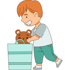 Young Boy Playing With Teddy Bear In Toy Box With Light Blue Background And White Accents Wearing A White Shirt Teal Pants And White Sneakers