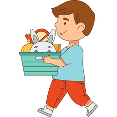 Young boy in light blue shirt and red shorts walking with a teal basket full of toys and a stuffed bunny front view simple drawing isolated on white background