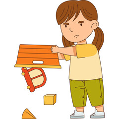 Young Girl Concentrating While Building With Blocks And Toys On Transparent Background