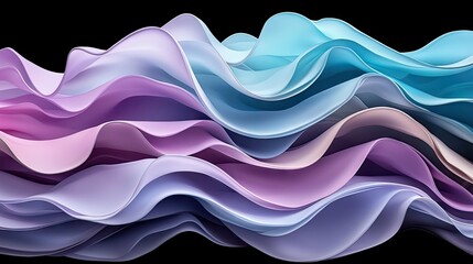 Abstract flowing waves of pastel colors, gradients of pink, purple, and blue, against a stark black background. The smooth, translucent layers create a sense of