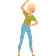 Young Woman With Blonde Hair And Blue Jeans Doing Exercise With Green Shirt In A Simple Pose With White Background And Transparent Background