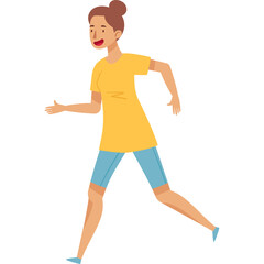 Young Woman Jogging Energetically in a Yellow T-shirt and Blue Shorts with a Top Knot Hairstyle and a Cheerful Expression Isolated on a White Background