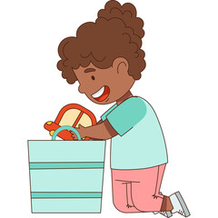 Young african american child kneeling and playing with a toy car on a light blue toy box, smiling cheerfully with brown curly hair and wearing a light 