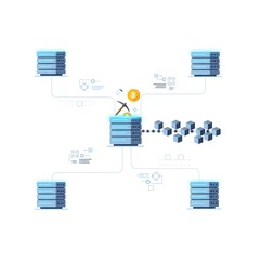 Illustration of a cryptocurrency mining network with servers, blockchain blocks, and a bitcoin symbol.