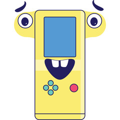 Yellow retro handheld video game console with a funny face cartoon character with big eyes and teeth on a transparent background