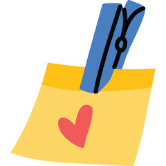 Yellow Sticky Note With Red Heart Symbol Held By A Blue Clothespin On A Transparent Background