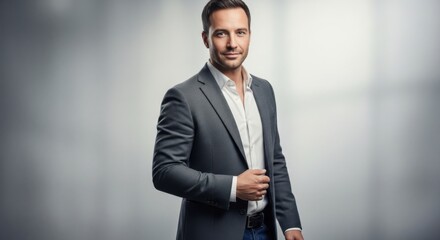 Confident young businessman in formal suit presenting a professional