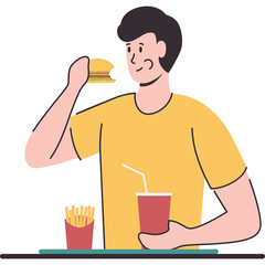 Young Man Eating A Delicious Burger With Fries And A Drink On A Transparent Background Flat Illustration