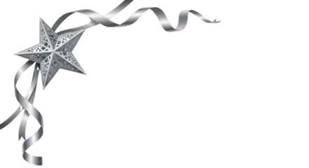 Isolated Silver Christmas Star Ornament and Curly Ribbon Corner Decoration Vector Element isolated PNG with Transparent Background