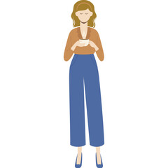 Young Woman Wearing Brown Top and Blue Pants Holding a White Cup with Both Hands Isolated on White Background