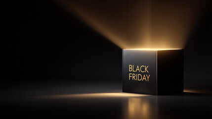 Mysterious Black Friday box radiates with golden light, creating anticipation for upcoming deals. Black Friday special is symbolized by glowing box, conveying exciting opportunity for shoppers.
