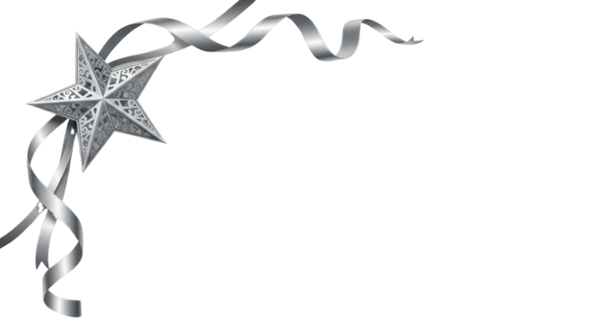 Isolated Silver Christmas Star Ornament and Curly Ribbon Corner Decoration Vector Element isolated PNG with Transparent Background - Powered by Adobe