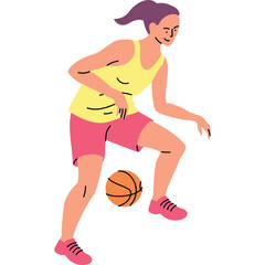 Young Woman Dribbling Basketball Wearing Yellow Tank Top and Pink Shorts Athletic Pose Isolated on White Background
