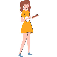 Young girl with brown hair in pigtails wearing a short yellow dress and blue shoes plays a white ukulele on a transparent background