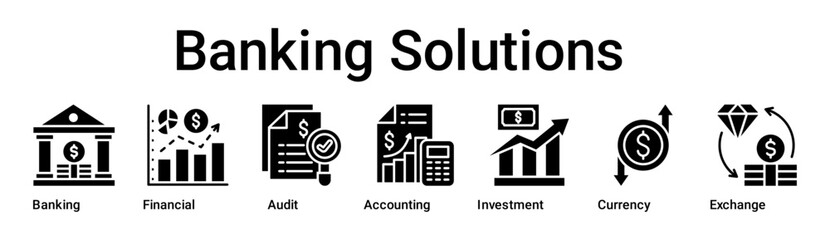 Banking Solutions banner web icon vector illustration concept for business with icon of Banking, Financial, Audit, Accounting, Investment, Currency.