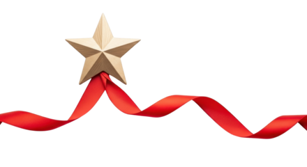 Golden Metallic Star Resting on Flowing Red Ribbon Holiday Decoration Border isolated PNG with Transparent Background