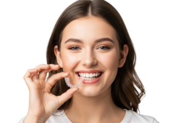 Smiling Woman Holding Clear Aligner Tray Isolated on Transparent PNG Background
