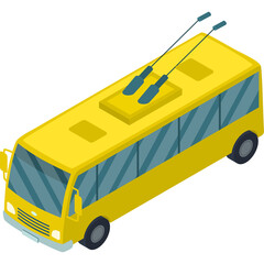 Yellow Trolleybus Vehicle with Pantographs and Tinted Windows Isolated on White Background Isometric View