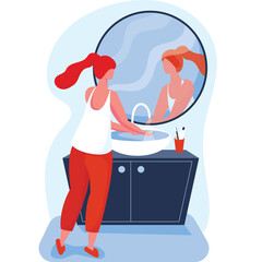 Young Woman With Red Ponytail Washing Hands In A Bathroom Sink With A Mirror Reflecting Her Image Wearing A White Tank Top And Red Pants In A Blue White And Dark Blue Color Scheme