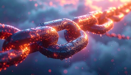 A glowing metal chain stretches upward, seemingly suspended in a soft, ethereal cloudscape with warm light