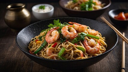 Fresh herbs concept, wok noodles with shrimp, nigiri theme