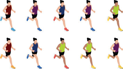 Isometric running athlete illustration set, diverse runners in motion, sports training, fitness activity, marathon runners, colorful active people vector