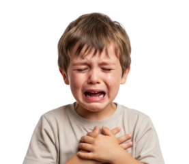 Crying Boy with Hands on Chest Isolated on Transparent PNG Background