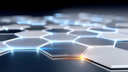 A close-up, low-angle view of a futuristic, abstract hexagonal grid pattern. The hexagons are illuminated with bright blue and orange light along their edges, c