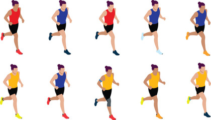 Isometric running athlete sequence illustration, dynamic jogging poses, colorful sports outfit runners, fitness training motion set, marathon exercise vector design