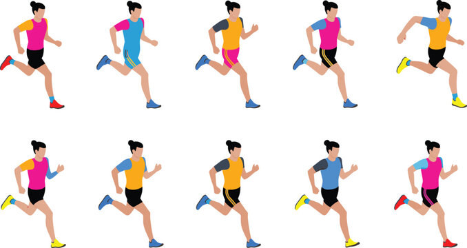 Isometric running athlete illustration set, diverse runners in motion, sports training, fitness activity, marathon runners, colorful active people vector