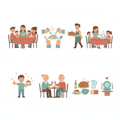 Vector set of 8 Flat vector  Family Dinner				illustration flat design simple and minimalis style cartoon white background. 	