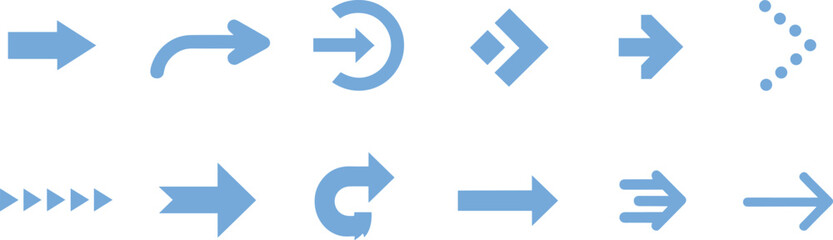 Light blue arrow icon vector set, modern navigation and direction symbols, forward movement signs, reload rotation graphics for apps, web and UI design