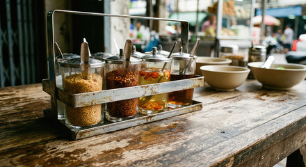 A close-up shot of a metal caddy holding glass jars filled with various spices and condiments on a weathered wooden table at an outdoor food stall.