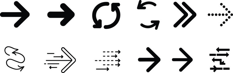 Minimal arrow icon vector set, modern direction and navigation symbols, forward movement signs, refresh rotation graphics for apps, web and UI design