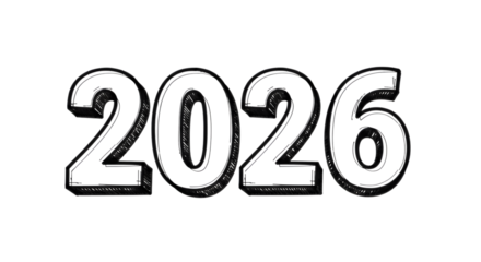 Distorted number 2026 in black and white isolated on transparent background