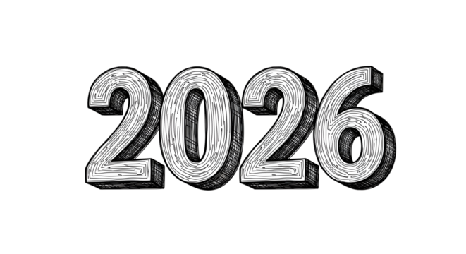 Distressed white number 2026 isolated on transparent background