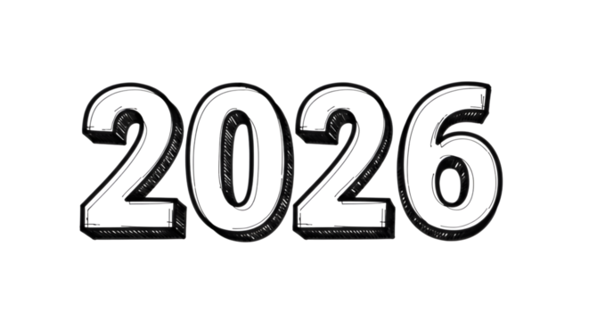 Distorted number 2026 in black and white isolated on transparent background - Powered by Adobe