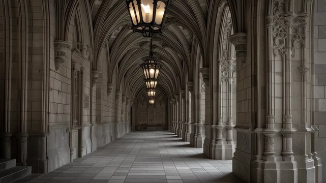 A long gothic corridor with tall pointed arches, stone columns, and soft lantern light creates a calm historic atmosphere with elegant symmetry and quiet depth.