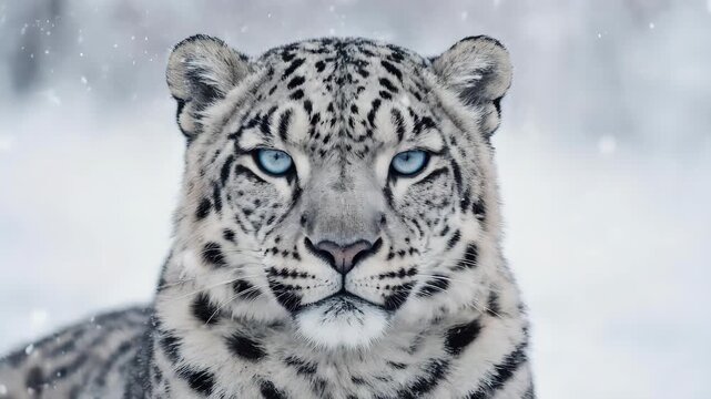 A majestic snow leopard with piercing blue eyes stares directly, its spotted fur blending with the snowy, winter environment as snowflakes fall.
