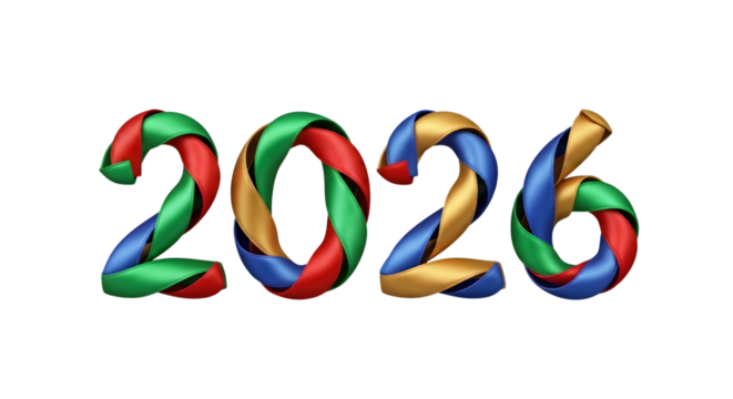 Colorful ribbon number 2026 isolated on transparent background