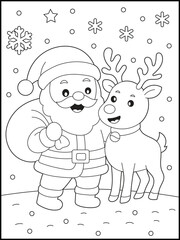 Easy Santa and Reindeer Coloring Page for Kids. Christmas Activity Sheet. Cute Christmas Illustration for Children.