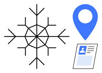 Winter travel. Snowflake, location pin, and identity card winter travel and navigation. Symbols for identification, tourism, and seasonal experiences. Great for travel apps, ID verification tourism