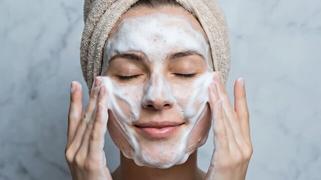 Smiling woman applying white foamy facial cleanser skincare product routine against a bright marble bathroom background
