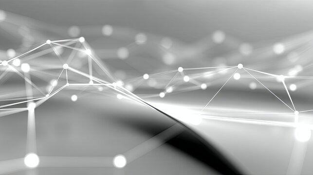 A monochrome abstract digital art piece featuring a complex network of interconnected white lines and glowing nodes, set against a blurred, futuristic backgroun
