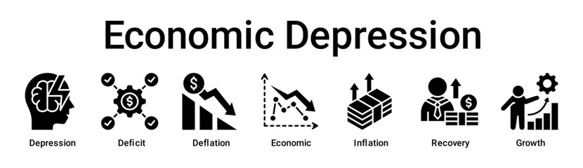 Economic Depression banner web icon vector illustration concept for business with icon of Depression, Deficit, Deflation, Economic, Inflation, Recovery.