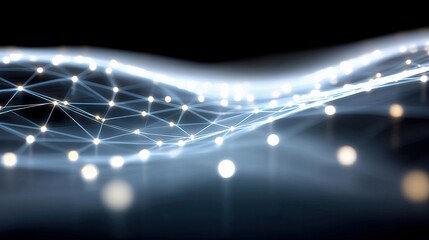 An abstract digital network of interconnected glowing points and lines, forming a wave-like structure against a dark, blurred background. The lighting is soft a