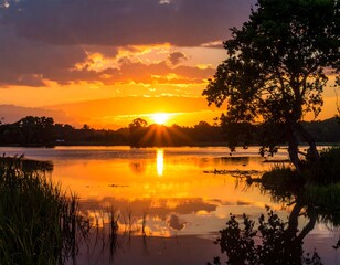 Obraz premium A glowing sunset over a calm lake reflects radiant orange light and the silhouette of trees against a colorful sky