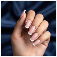 Close-up of a hand with nude glossy acrylic nails resting against a smooth blue background, highlighting elegant manicure design.