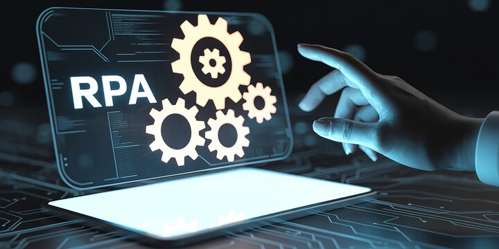Hand touching RPA gears on a digital interface robotic process automation